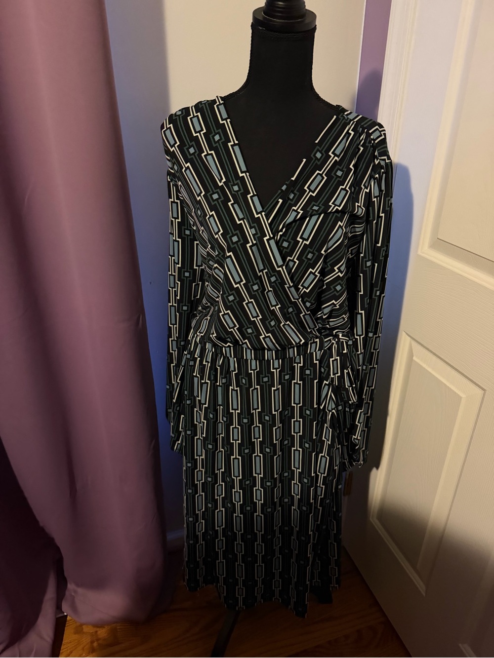 Lane Bryant Black Blue Geometric Wrap-Style Dress 30/32